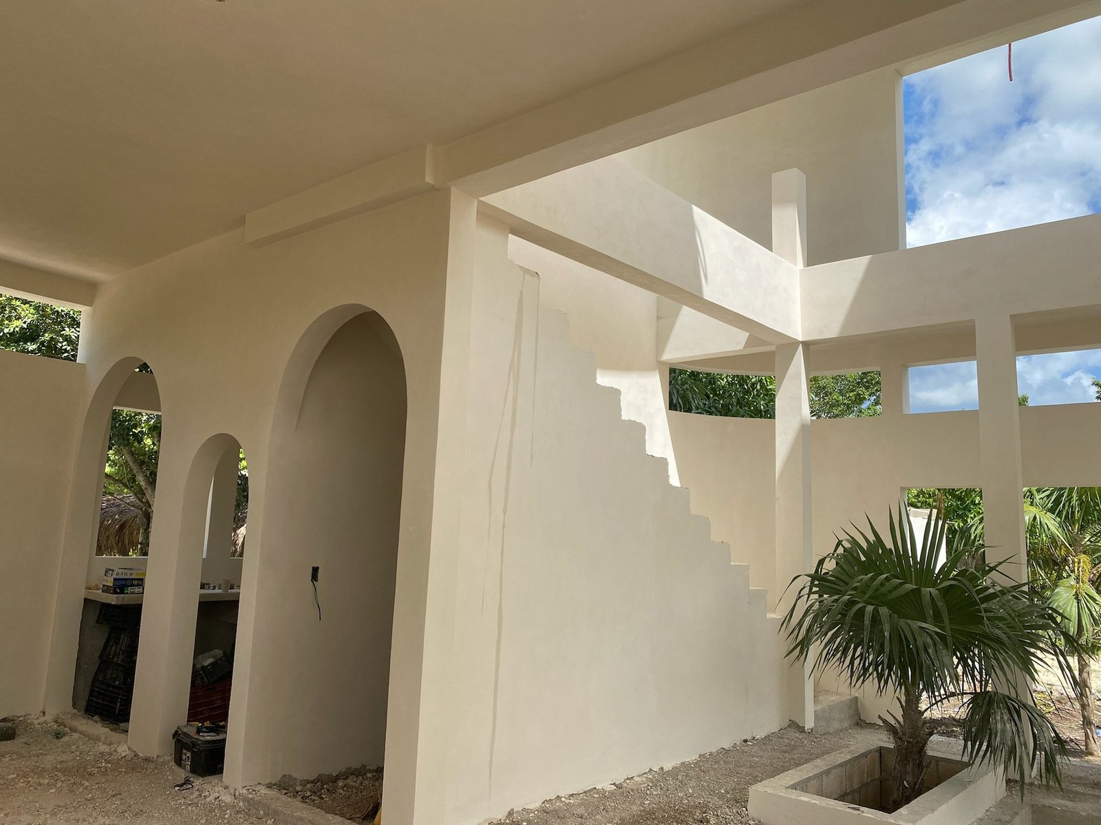 Casa Blanca interior plastered white, archways and staircase in progress, Rancho Verde Tulum, Tulum, Mexico