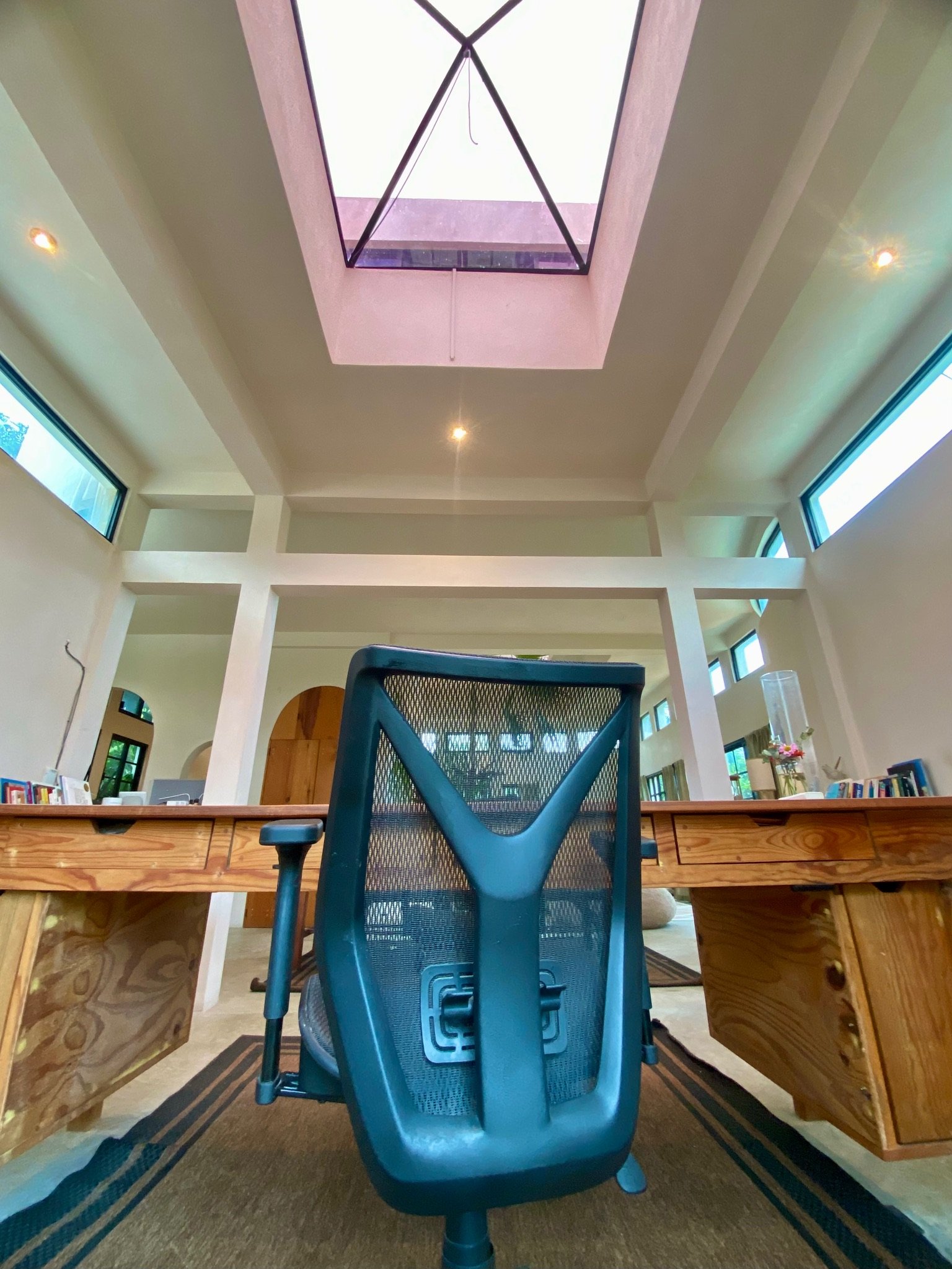 Casa Blanca office desk under the pyramid roof window, Rancho Verde Tulum, Tulum, Mexico