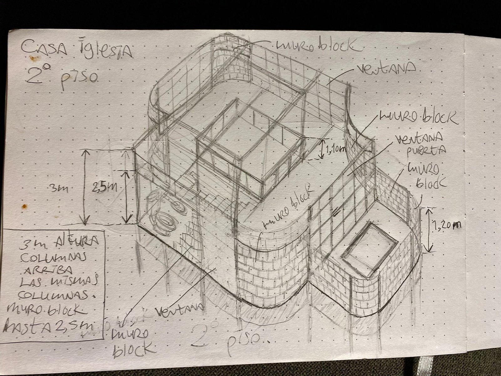 Hand-drawn isometric sketch of Casa Blanca, the same shape as the finished house, Rancho Verde Tulum, Tulum, Mexico