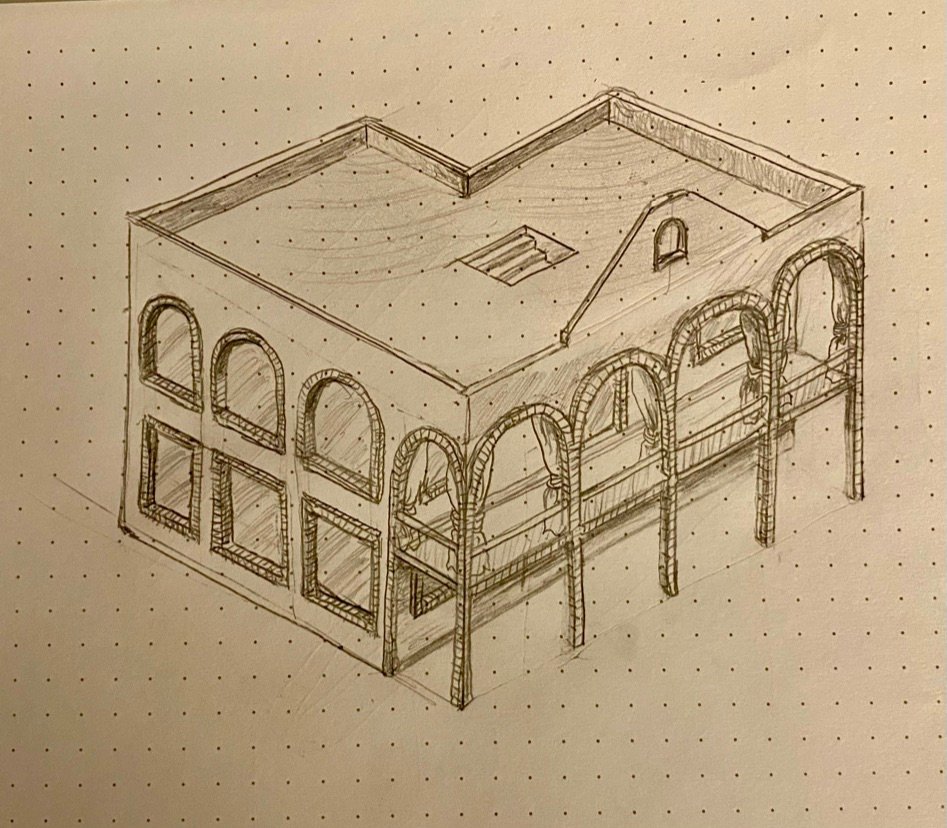 Hand-drawn isometric drawing of the arched chapel building, Rancho Verde Tulum, Tulum, Mexico