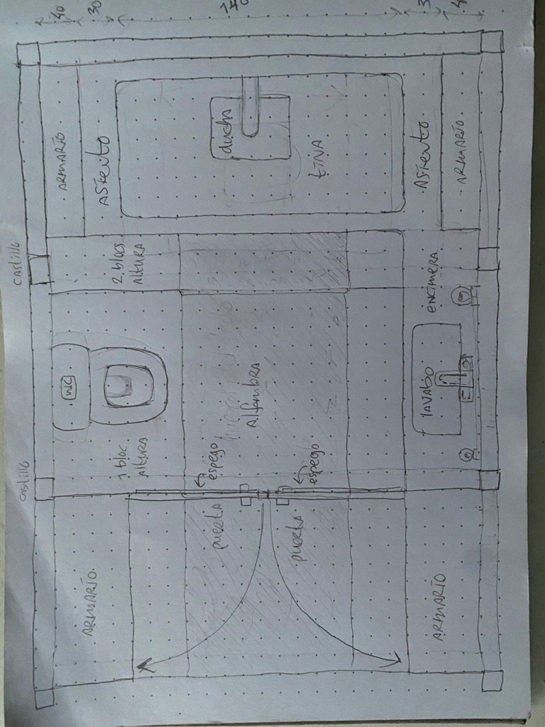 Hand-drawn bathroom floor plan with toilet, shower, tub, vanity and closets, measured in centimetres, Rancho Verde Tulum, Tulum, Mexico