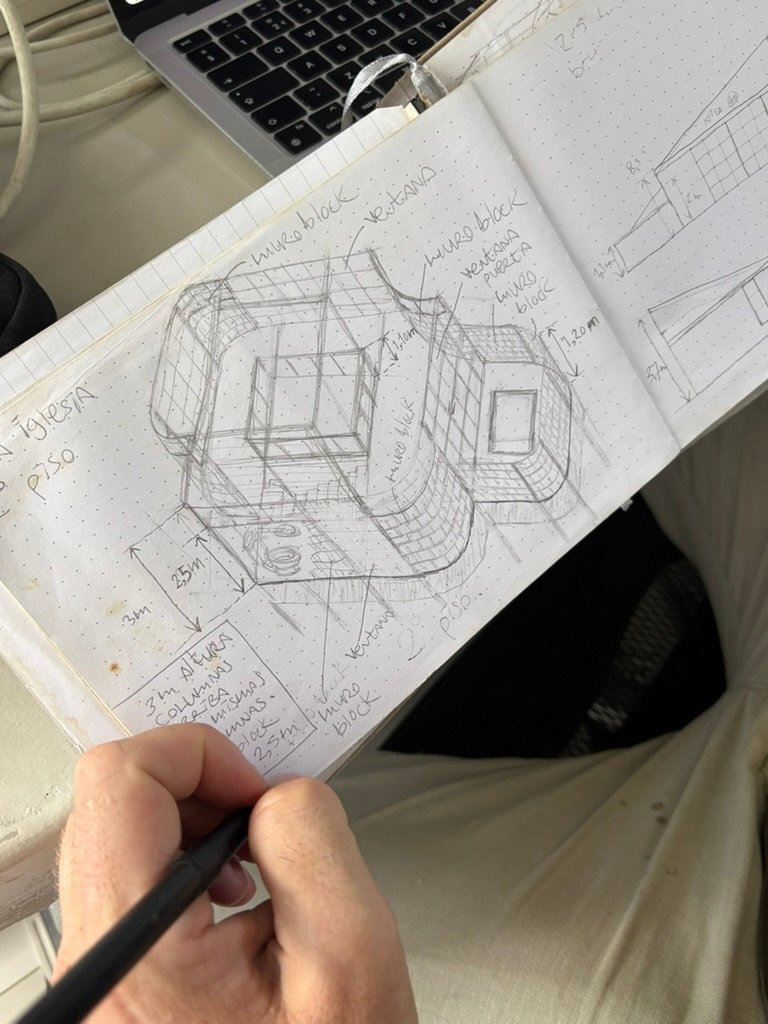 Isometric drawing of Casa Iglesia in progress, pencil in hand, Rancho Verde Tulum, Tulum, Mexico