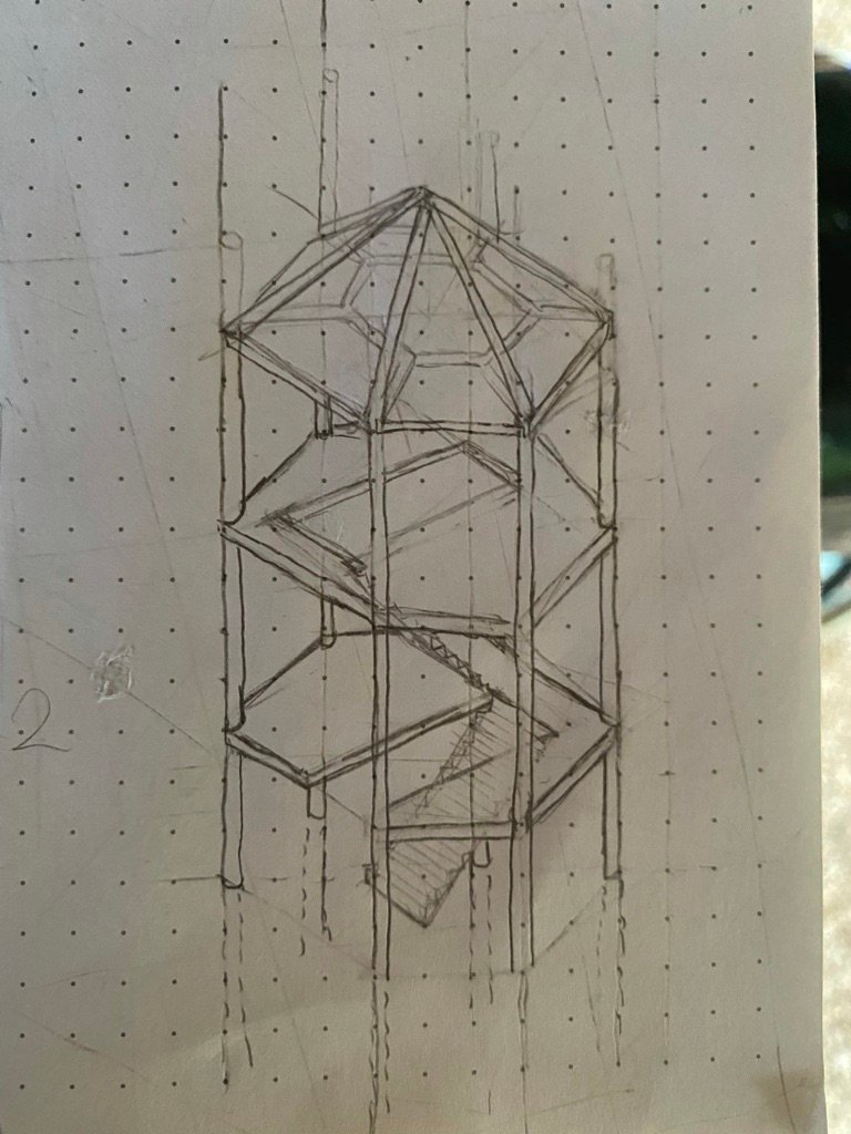 Drawing of a multi-level tower structure with stairs between floors, Rancho Verde Tulum, Tulum, Mexico
