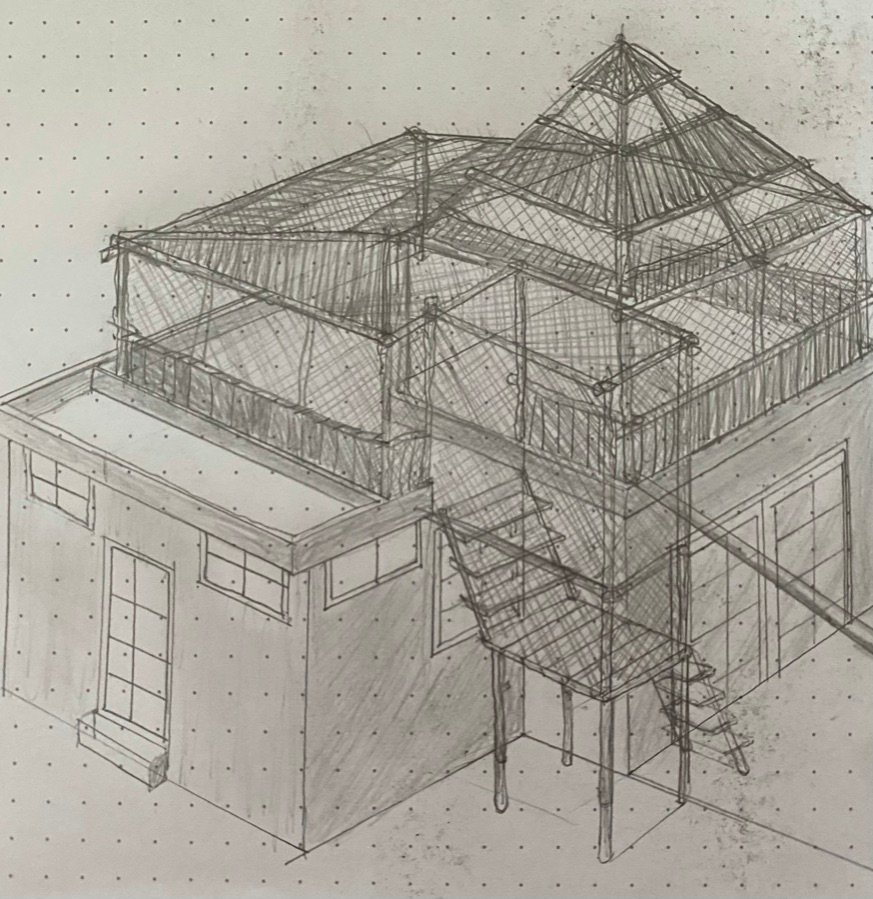 Isometric drawing of a palapa roof terrace above a house, Rancho Verde Tulum, Tulum, Mexico