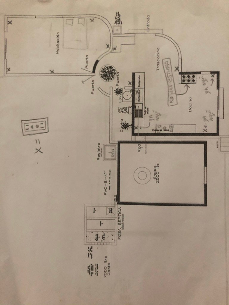 Technical drawing of the septic tank, cistern and drainage lines for a house, Rancho Verde Tulum, Tulum, Mexico