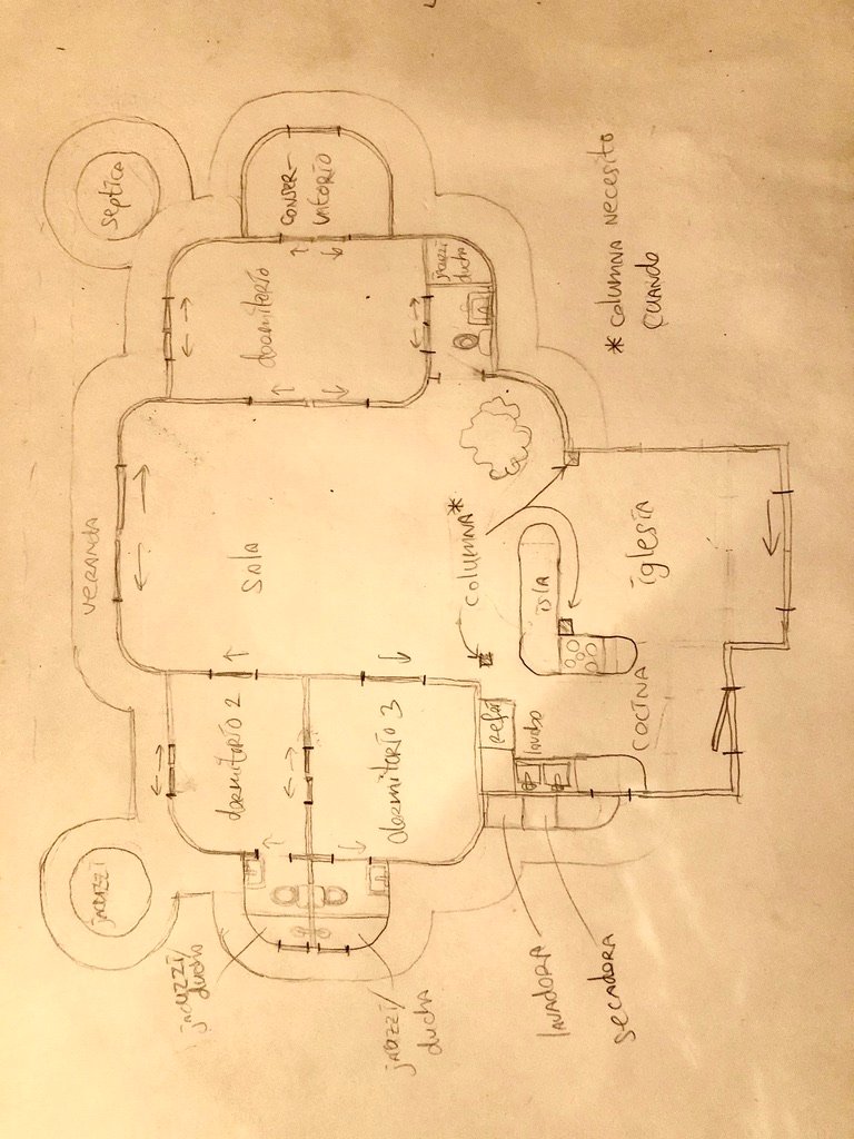 Hand-drawn villa floor plan with bedrooms, kitchen, jacuzzi and septic tank, Rancho Verde Tulum, Tulum, Mexico