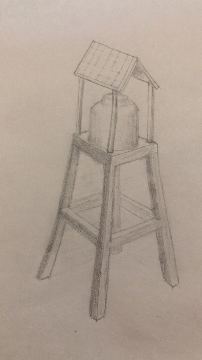 Drawing of a wooden water tank tower with a small roof, drawn for the ranch water system, Rancho Verde Tulum, Tulum, Mexico