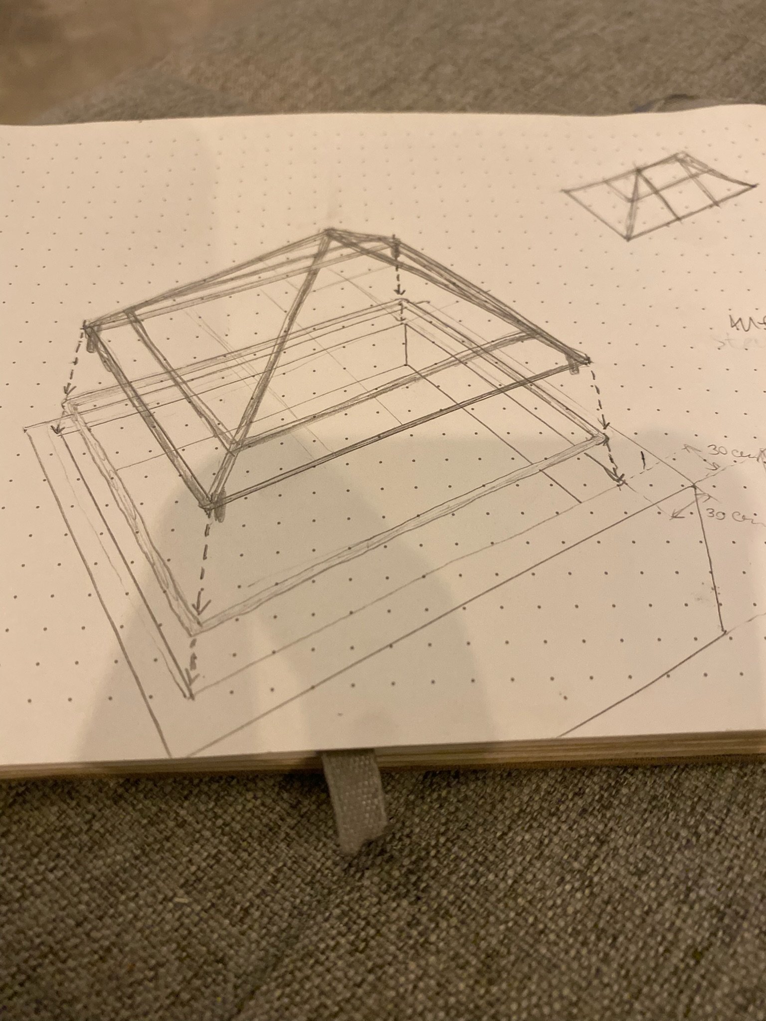 Hand-drawn sketch of the pyramid roof window frame with its dimensions, Rancho Verde Tulum, Tulum, Mexico