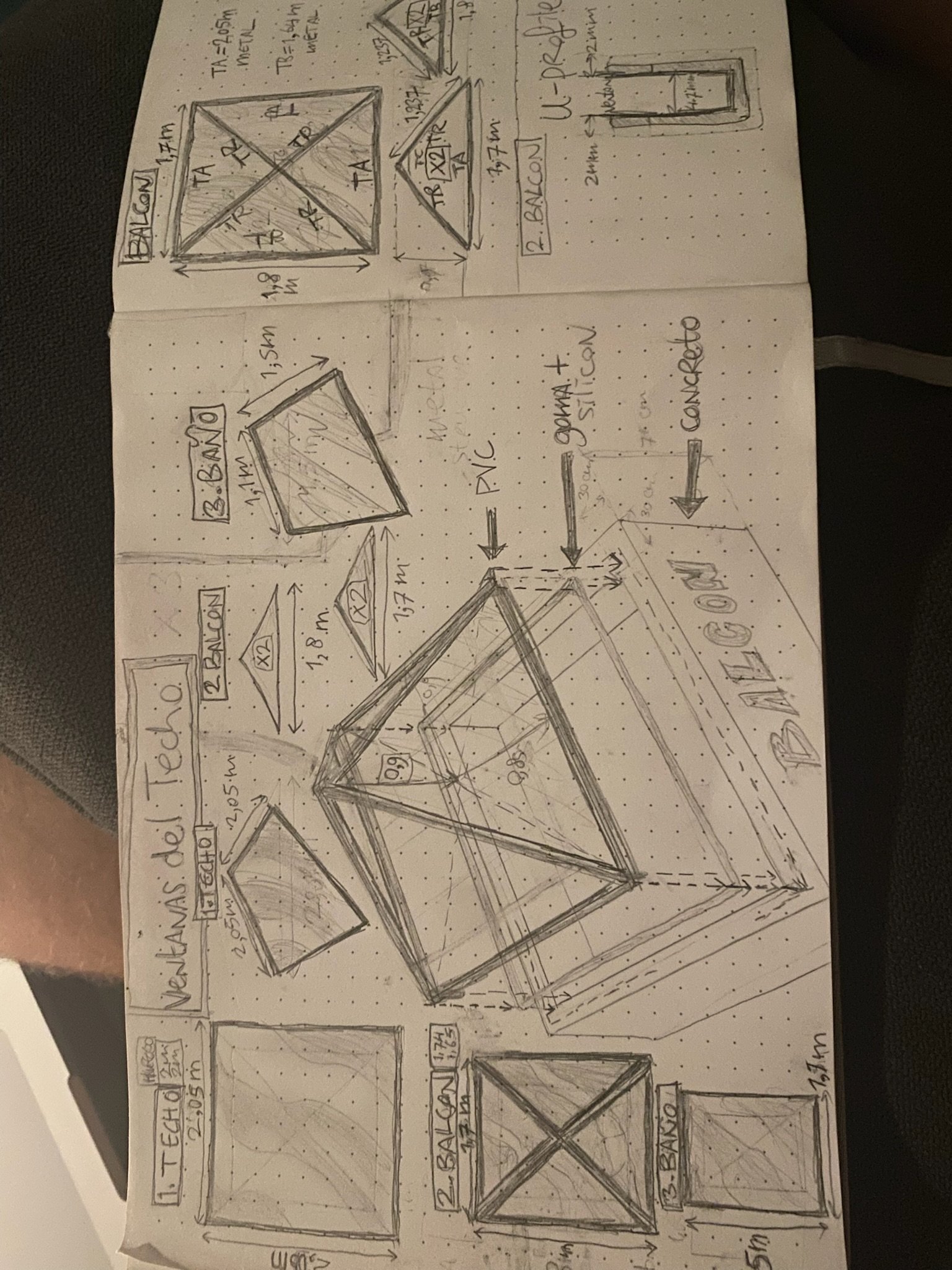 Hand-drawn plan of the roof windows and balcony, with sizes, angles and materials listed, Rancho Verde Tulum, Tulum, Mexico