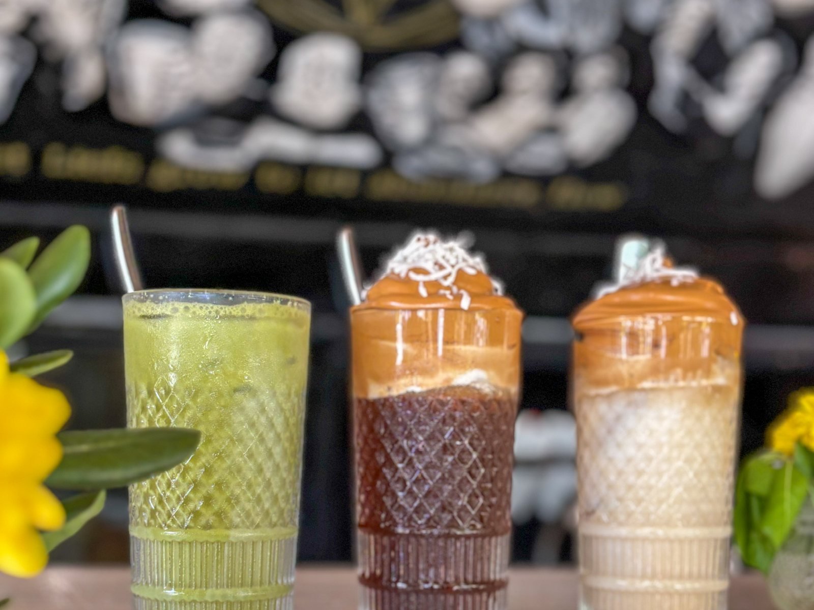 Iced matcha and iced coffees with coconut foam at the Liefs Tulum café, vegan event catering by Liefs Tulum at Rancho Verde