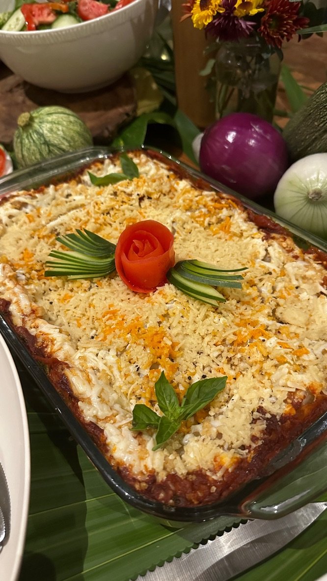 House-made vegan lasagna served at Rancho Verde Tulum retreat