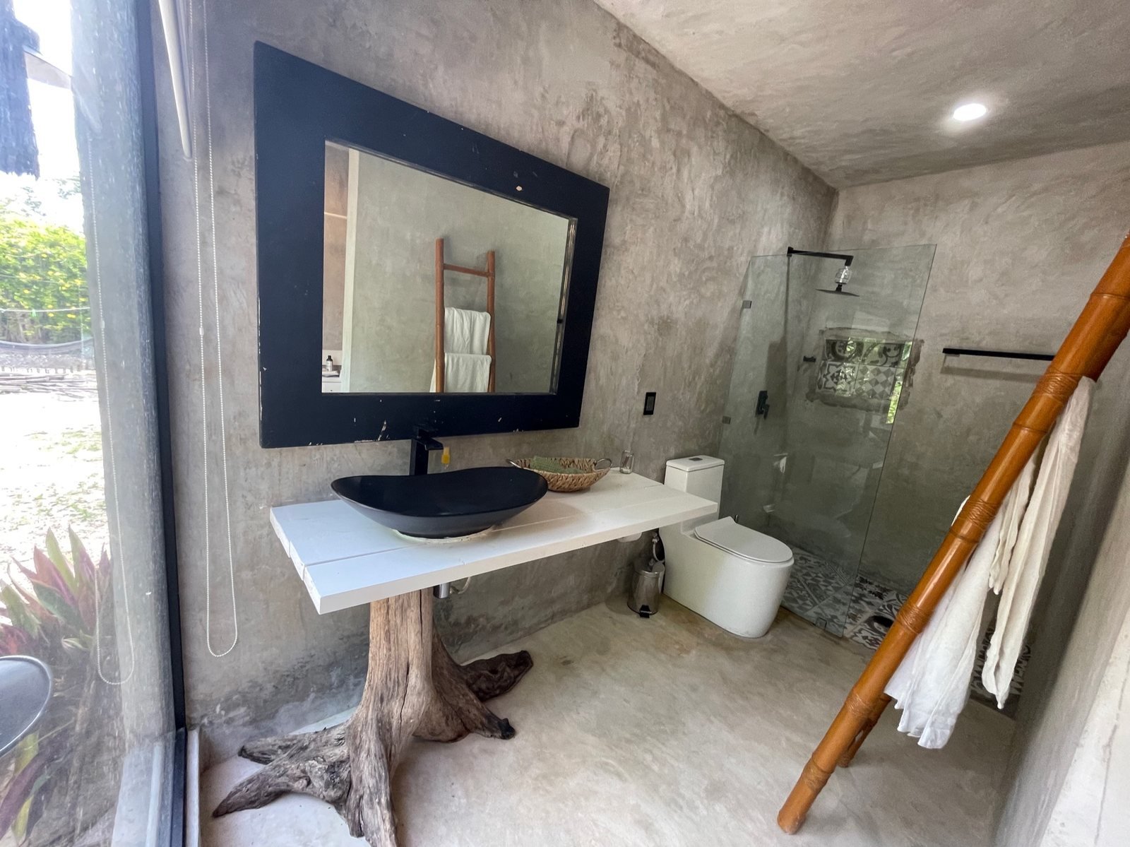 Bathroom with driftwood vanity, vessel sink and glass shower, The Garden House, Airbnb at Rancho Verde Tulum