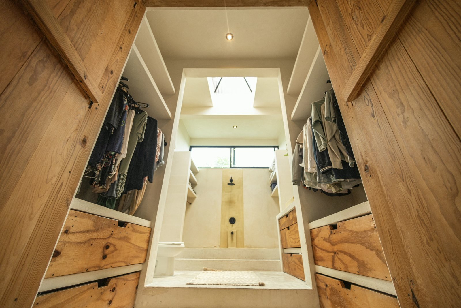 Walk-in closet leading to the skylit bathroom in the Villa, Airbnb at Rancho Verde Tulum