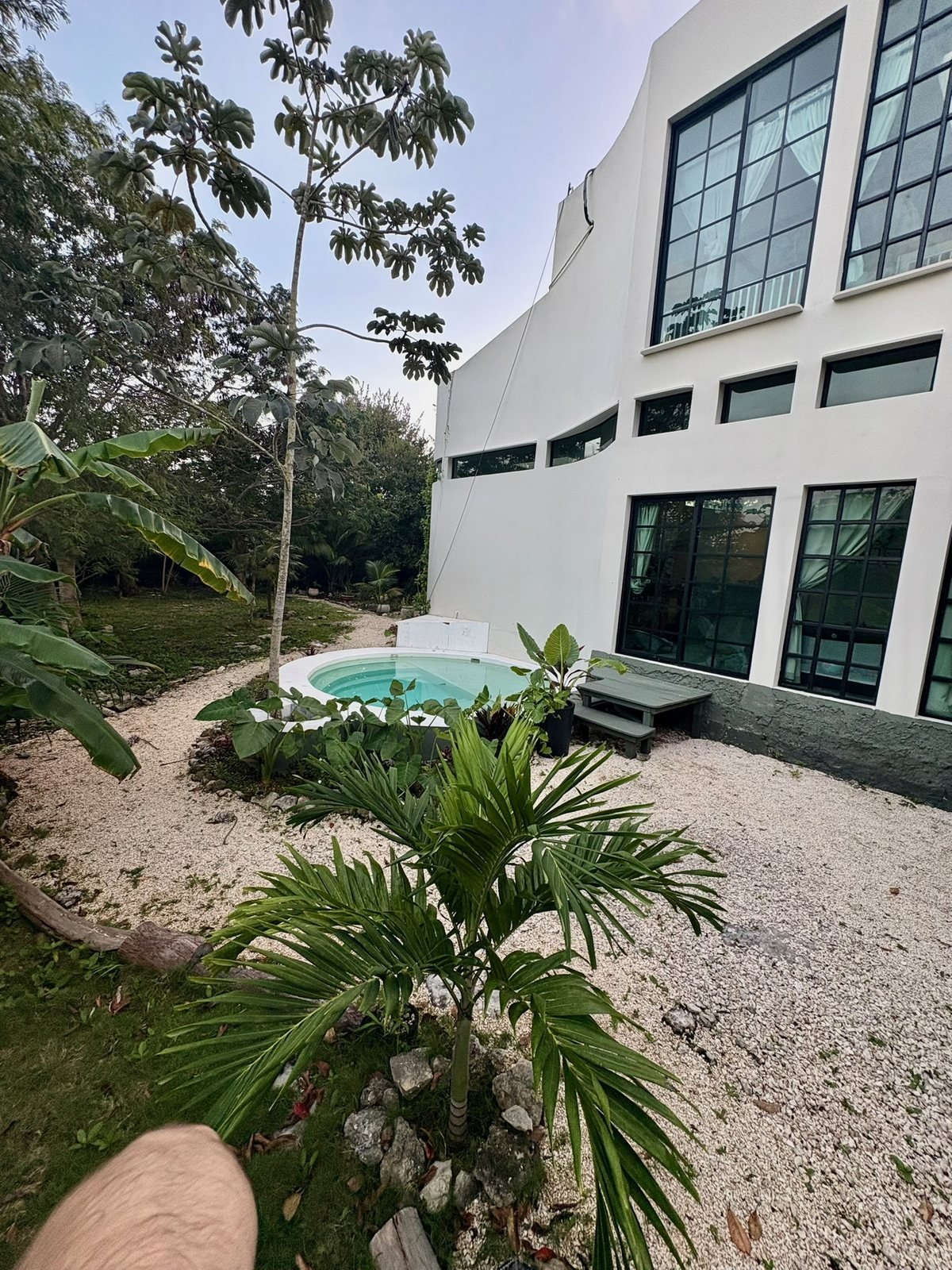 Garden path with palms leading to the plunge pool, The Villa, Airbnb at Rancho Verde Tulum